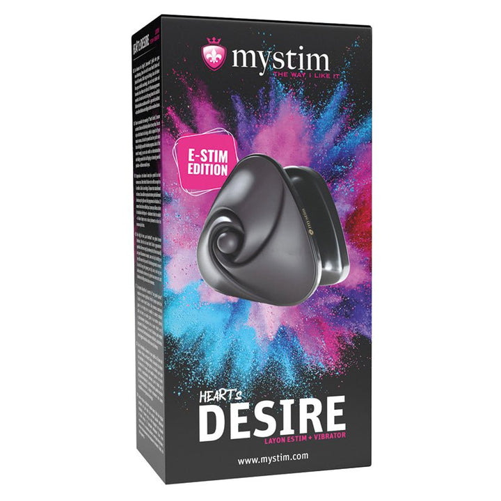 Black Mystim Hearts Desire eStim Lay On Vibrator with colorful powder background on product packaging box