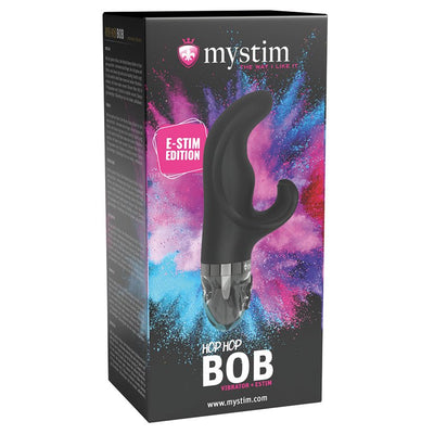 Packaging of Mystim Hop Hop Bob eStim Vibrator in black with colorful powder background and product image on front.