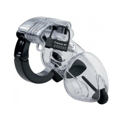 Transparent Mystim Pubic Enemy #2 cock cage with black adjustable ring and lock detail, designed for e-stim use.