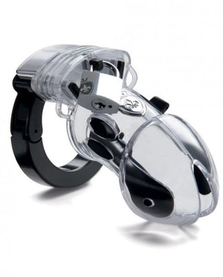 Transparent and black Mystim Public Enemy #1 chastity cage with lock and adjustable ring for secure fit and e-stim compatibility.
