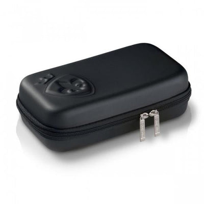 Black zippered hard case with embossed logo, designed for discreet storage and protection of adult accessories.