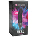 Black Mystim Real Deal Neal eStim vibrator packaging with colorful powder background and product image on front.