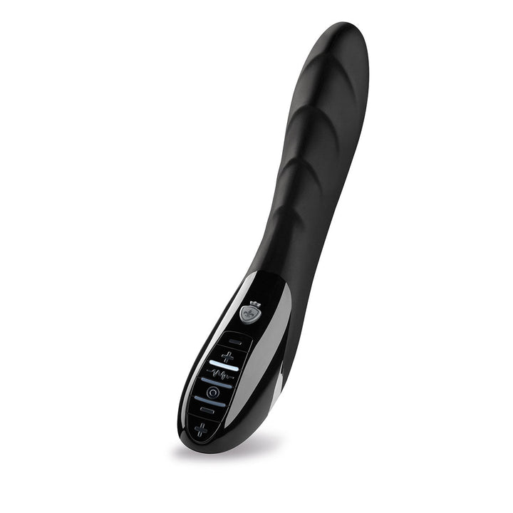 Black Mystim Sizzling Simon E-Stim vibrator with textured shaft and digital control panel on handle