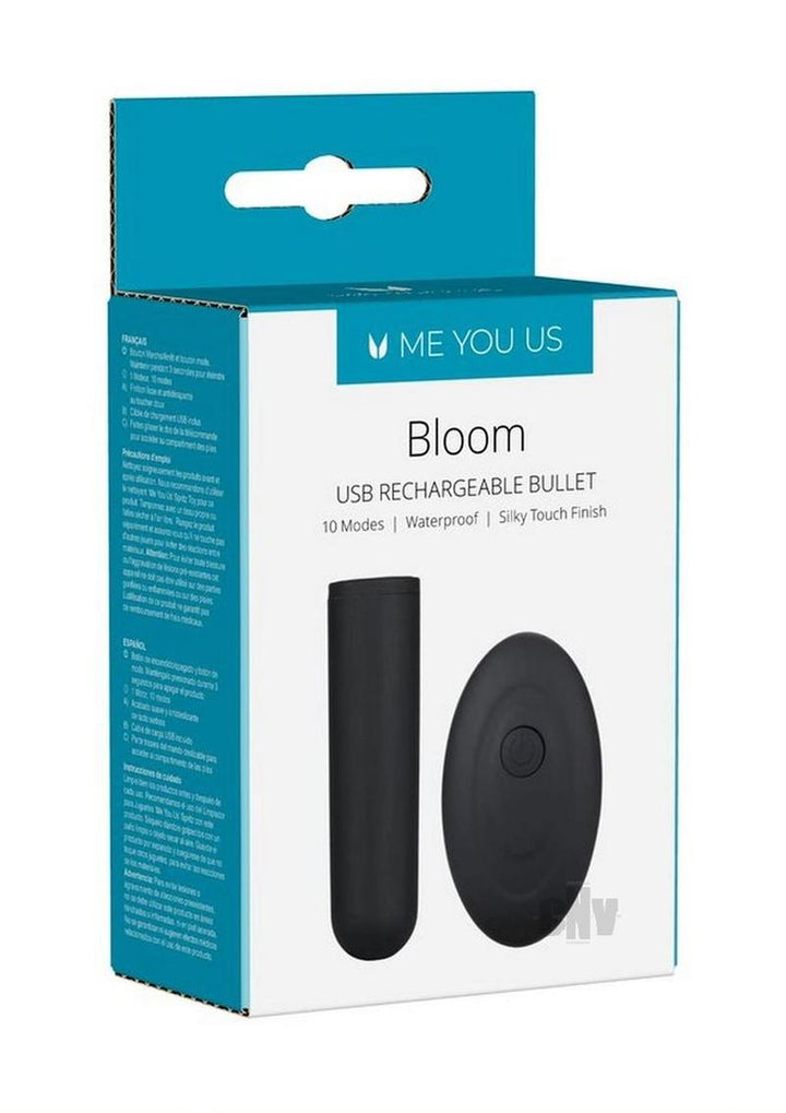 Packaging of Myu Bloom USB rechargeable black silicone bullet with remote control, waterproof and 10 modes.