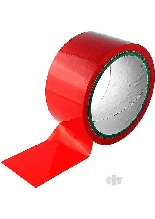 Roll of glossy red bondage tape with a partially unrolled strip on a white background.