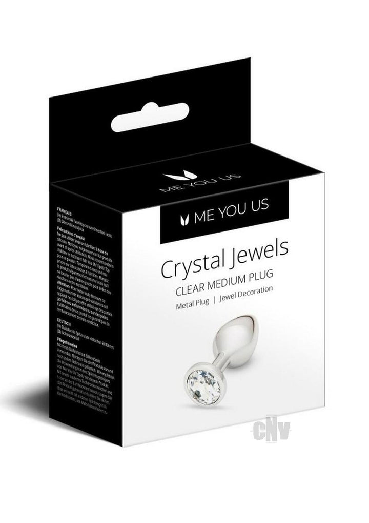 Packaging box of Me You US Crystal Jewels clear medium metal plug with jeweled base shown on front.