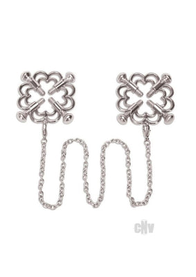 Silver flower-shaped adjustable nipple clamps connected by a delicate chain for stylish and customizable wear.