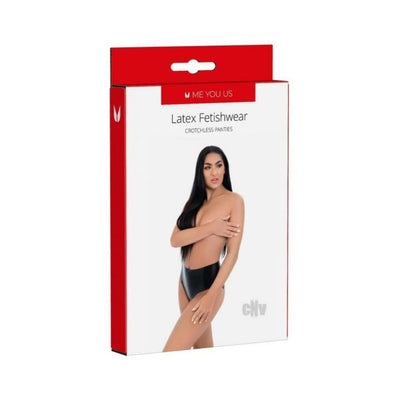 Packaging of Me You Us black latex crotchless panties featuring a model wearing the shiny high-waisted design.
