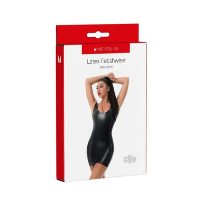 Packaging of Me You Us black latex mini dress featuring a model wearing the sleeveless, scoop neck fitted dress.