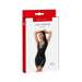 Packaging of Me You Us black latex mini dress featuring a model wearing the sleeveless, scoop neck fitted dress.