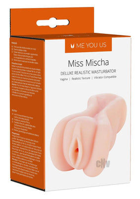 Packaging of Miss Mischa Deluxe realistic masturbator with product image and features on white and orange box