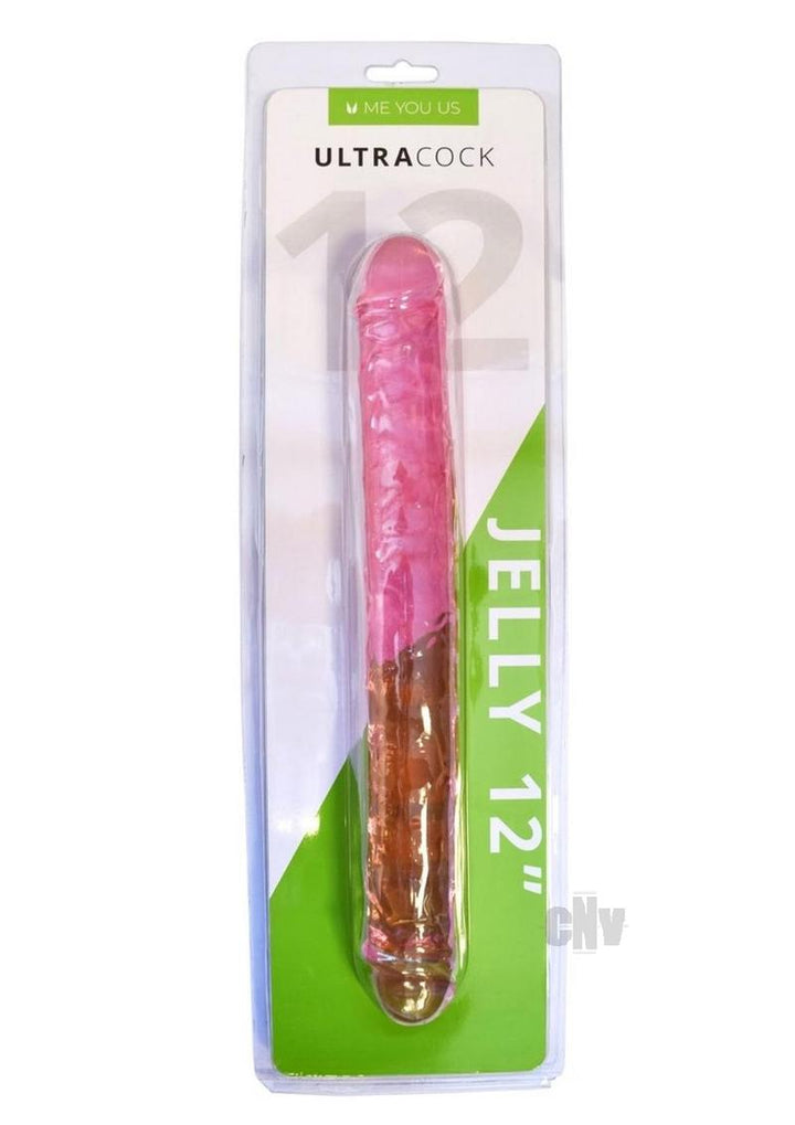 Pink and amber flexible double-ended 12-inch jelly dildo in clear retail packaging.