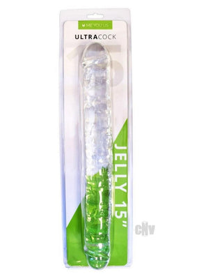 Clear flexible double-ended dildo in 15-inch length with smooth jelly texture in retail packaging.
