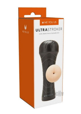 Packaging of Myu Ultrastroker V4 anal male masturbator with black case and realistic skin-tone insert.