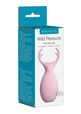 Packaging box of Myu Wild Pleasure Antlers Pink vibrator showing the pink silicone device with antler design and product features.