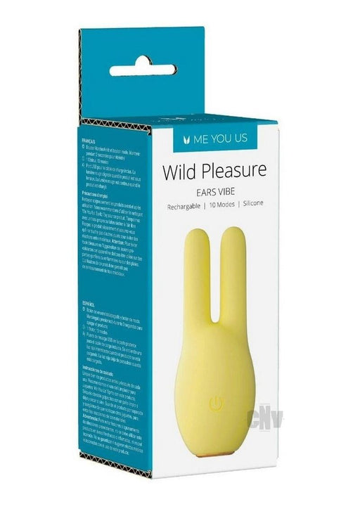 Packaging box of Myu Wild Pleasure Ears yellow silicone vibrator with 10 vibration modes and rechargeable design.