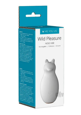 Packaging box of the Myu Wild Pleasure Nose white silicone vibrator with 10 vibration modes and USB rechargeable features.