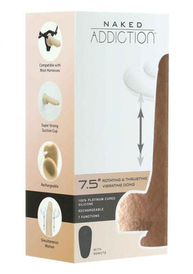 Packaging box of Naked Addiction 7.5 inch rotating, thrusting, and vibrating dong in vanilla color with product features and images.