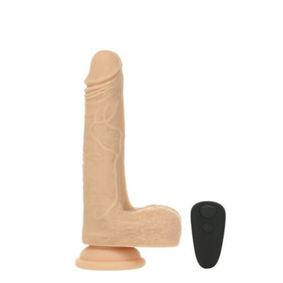 Vanilla-colored realistic textured vibrating, rotating, and thrusting dong with suction base and black remote control.