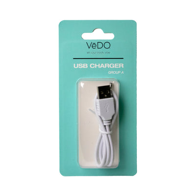 Vedo USB Group A replacement white charger cord in retail packaging on teal background