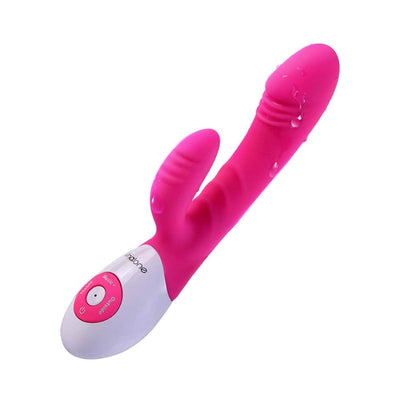 Pink dual-stimulation vibrator with textured silicone surface and white control base featuring sound activation buttons.