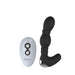 Black silicone prostate massager with curved design and silver base, shown with white wireless remote control.