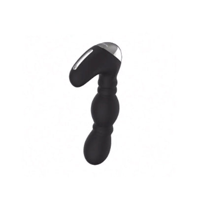 Black silicone prostate massager with ergonomic curved design and silver accent on the handle.