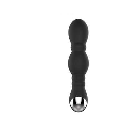 Black silicone prostate massager with bulbous shape and metallic base featuring control buttons.