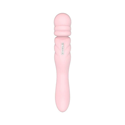 Soft pink double-ended personal wand with textured head and ergonomic handle, USB rechargeable and waterproof design.