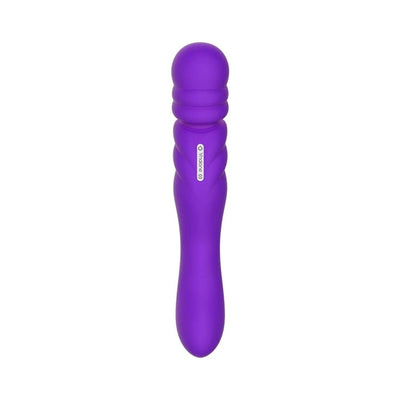 Purple double-ended personal wand with textured head and ergonomic handle, USB rechargeable and waterproof design.