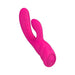 Pink silicone dual-action personal vibrator with curved design and control buttons on the handle.