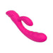 Pink dual-action silicone personal vibrator with curved shaft and clitoral stimulator, designed for targeted pleasure.