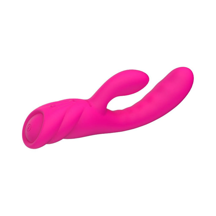 Pink dual-action silicone personal vibrator with curved design and textured shaft, featuring a push-button control base.