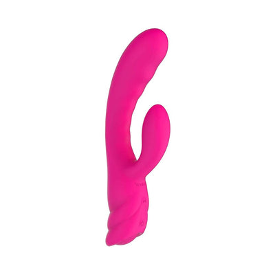 Pink dual-action silicone personal vibrator with curved G-spot and clitoral stimulator, featuring control buttons at the base.