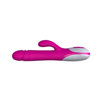Pink and white dual-action vibrator with curved clitoral stimulator and ergonomic handle on white background