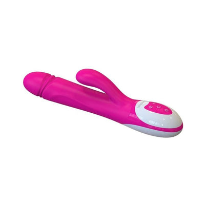Pink dual-action vibrator with curved clitoral stimulator and white control panel with buttons
