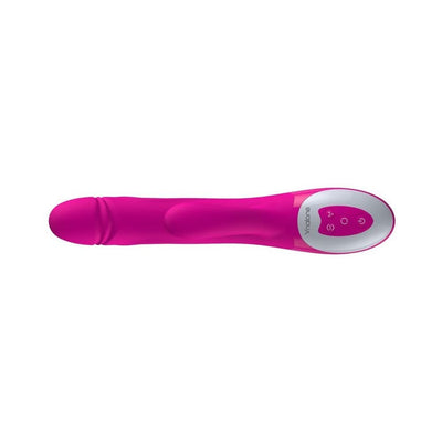 Pink dual-action vibrator with ergonomic design and control buttons on the handle, made of smooth silicone.