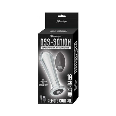 Packaging of Ass-sation silver remote vibrating metal anal bulb with remote control and USB charger shown.