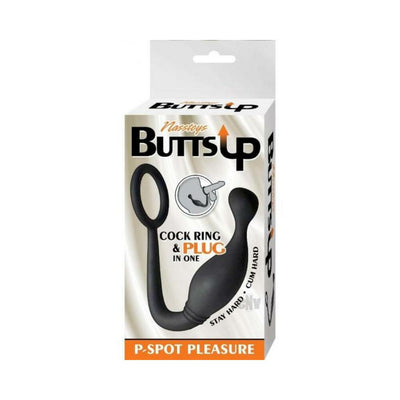 Packaging of Butts Up Pspot Pleasure black silicone cock ring and prostate plug combo for targeted stimulation.