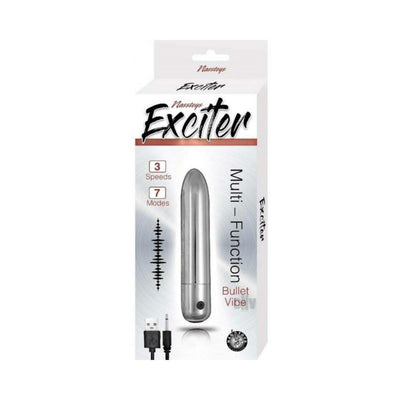 Silver multi-function bullet vibrator with USB charger shown in retail packaging.