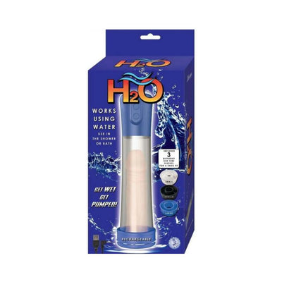 Nasstoys H2o rechargeable blue water penis pump in packaging with three tube sleeve sizes and USB charging cable shown.