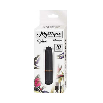 Nasstoys Mystique Vibe rechargeable black silicone bullet vibrator in white packaging with floral accents and USB charger shown.