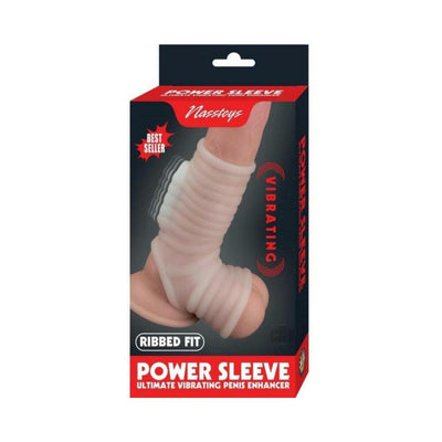 Packaging of Nasstoys Power Sleeve Ribbed Fit vibrating penis enhancer showing ribbed sleeve on a model.
