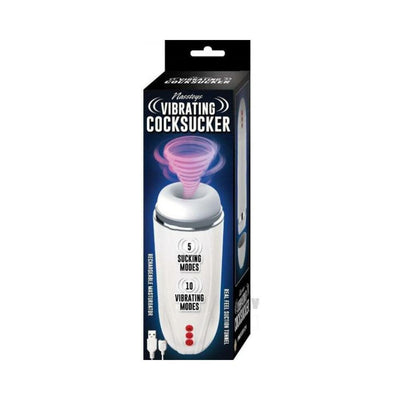 White Nasstoys Vibrating Cocksucker with 5 suction and 10 vibration modes shown in retail packaging with USB charger.