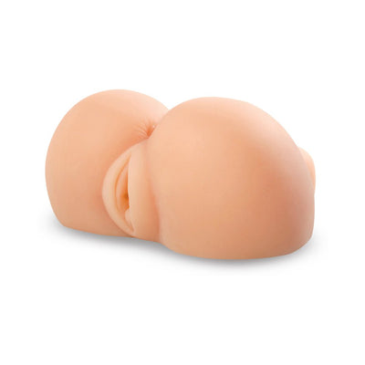 Beige realistic dual-entry masturbator with soft texture designed for intimate pleasure and easy cleaning.