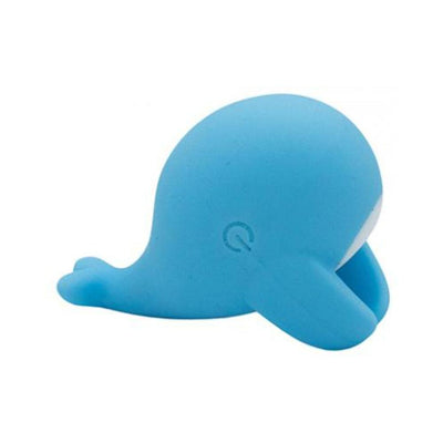 Blue whale-shaped finger vibrator with smooth silicone finish and ergonomic fins for grip and stimulation.