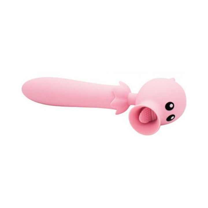 Pink silicone dual-motor vibrator with textured external flicker and flexible neck for targeted stimulation.