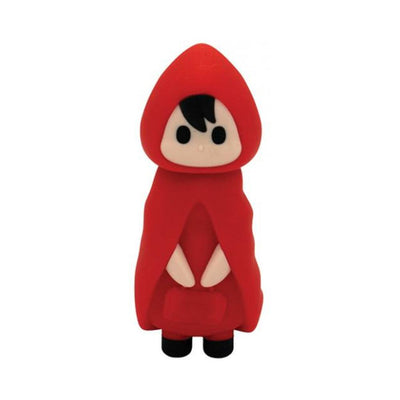 Red silicone bullet vibrator shaped like a small character wearing a hooded cloak with black shoes and a simple face design.