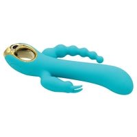 Teal 3-in-1 personal massager with ergonomic design, flexible anal beads, and dual motors for clitoral, G-spot, and anal stimulation.
