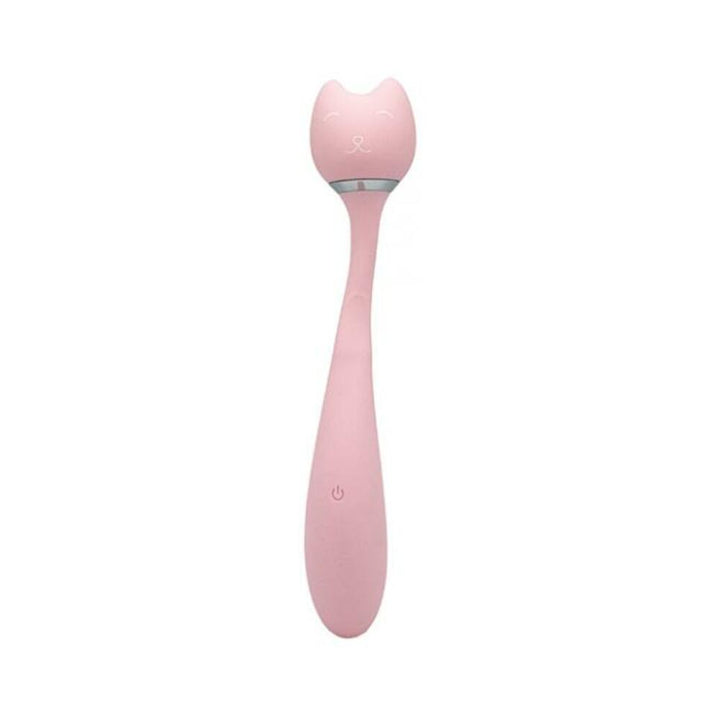 Pink silicone vibrator wand with a cat-shaped head and flexible neck, featuring a power button on the handle.